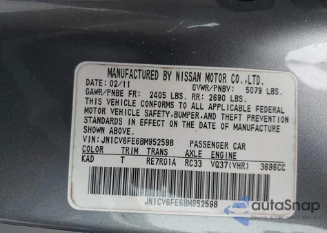 2011 Infiniti G37 z USA, uszkodzony, nr VIN JN1CV6FE6BM952598